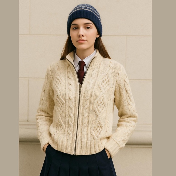 Tommy Hilfiger 100% Wool Handknit Aran Chunky Zip Front Cream Cardigan Size S - Picture 1 of 8